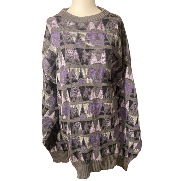 VTG Fluid Sweater Men’s XL Purple Gray Black Knit Geometric 80’s Retro Crew Neck - Picture 6 of 11